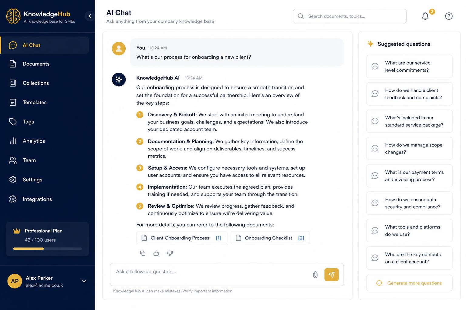 Chat panel with an AI answer showing numbered source citations