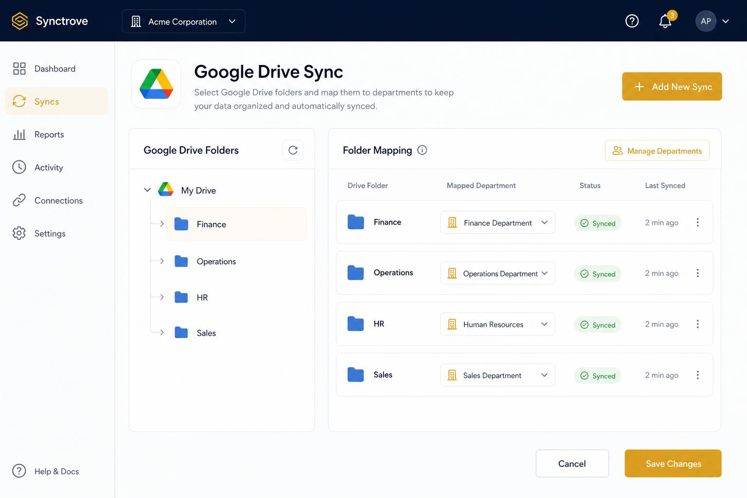 Folder-to-department mapping UI showing Drive folders connected to teams