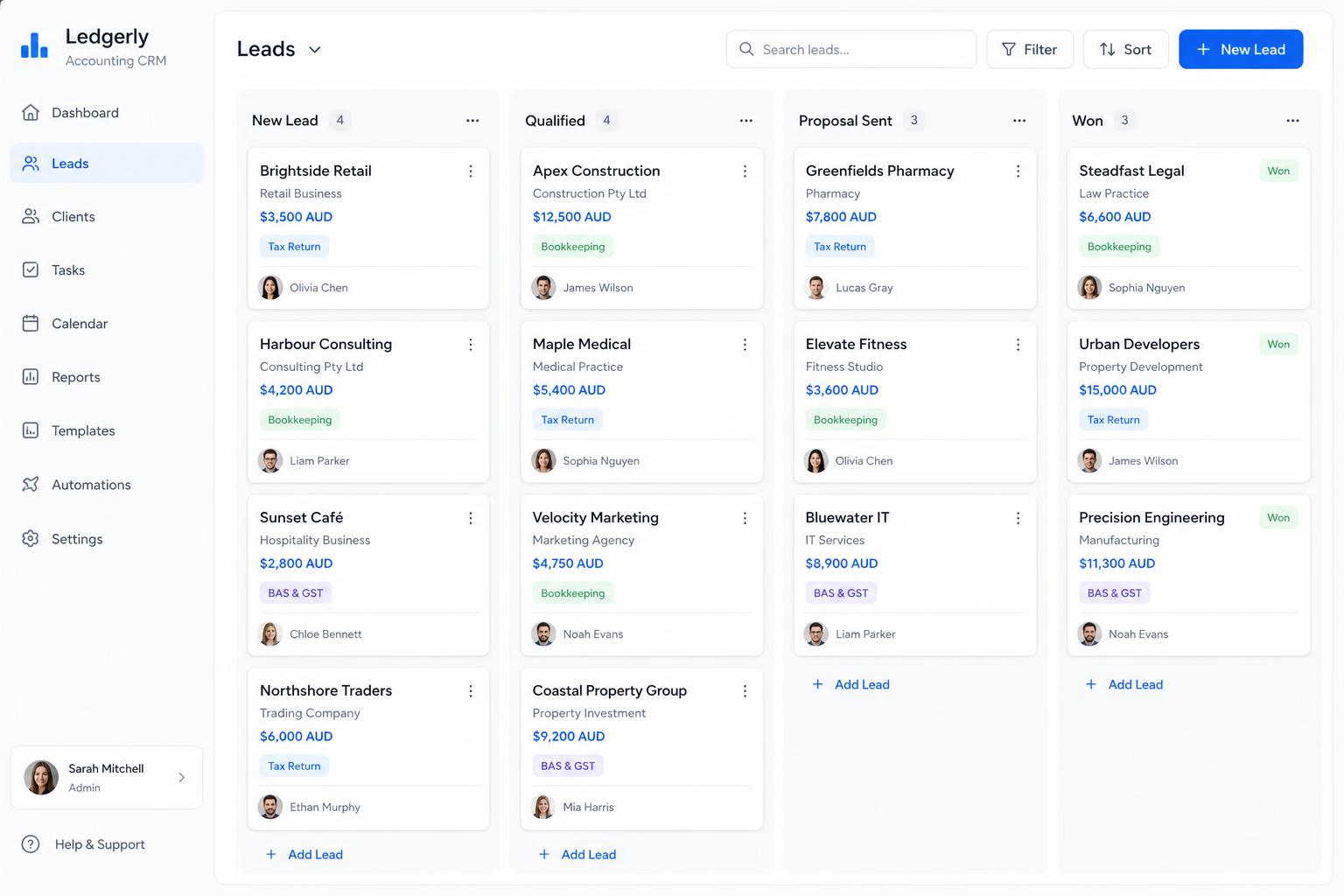 Leads Kanban board with stages from New to Won