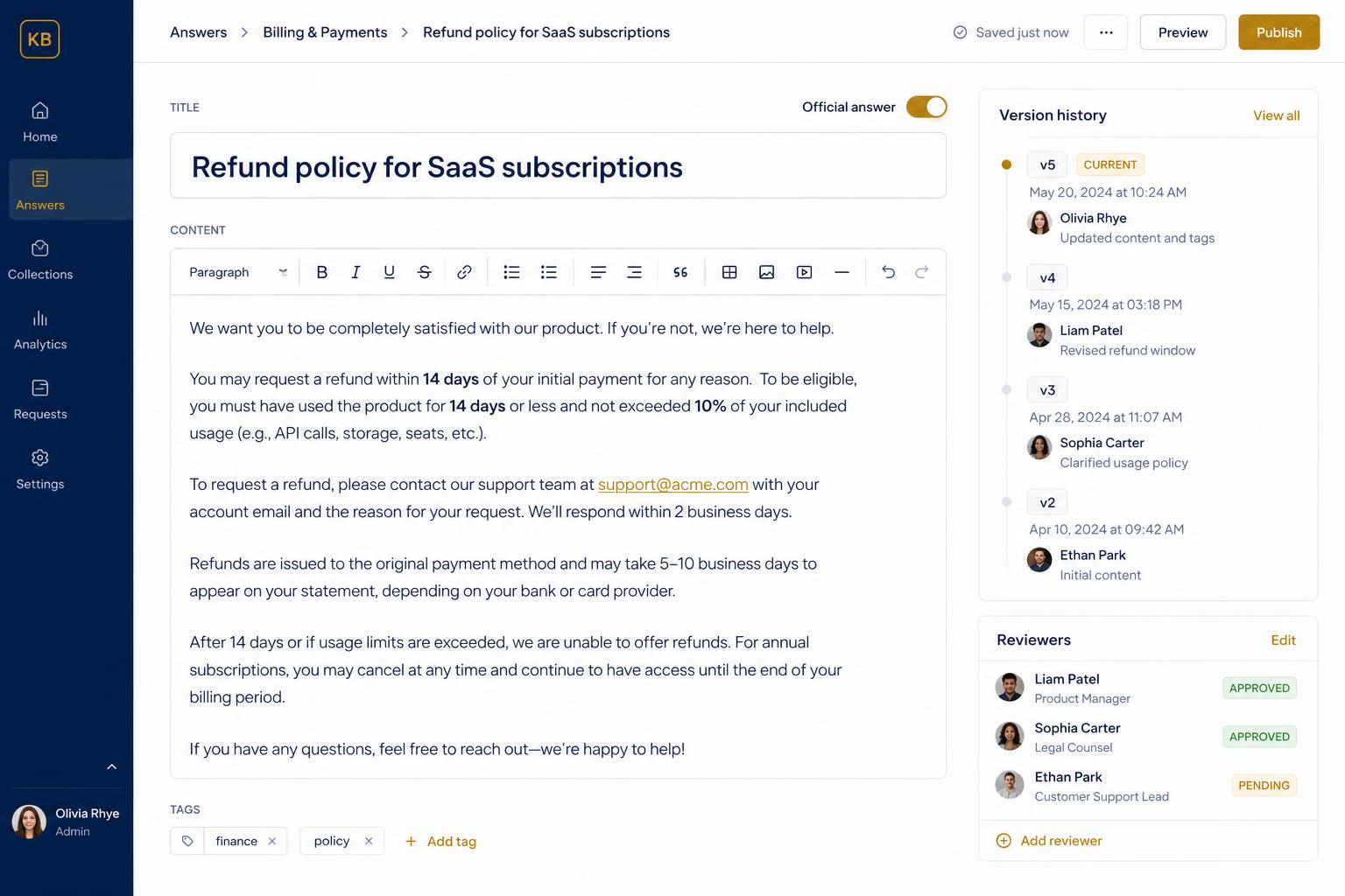 Curated answer editor with a locked-in official response
