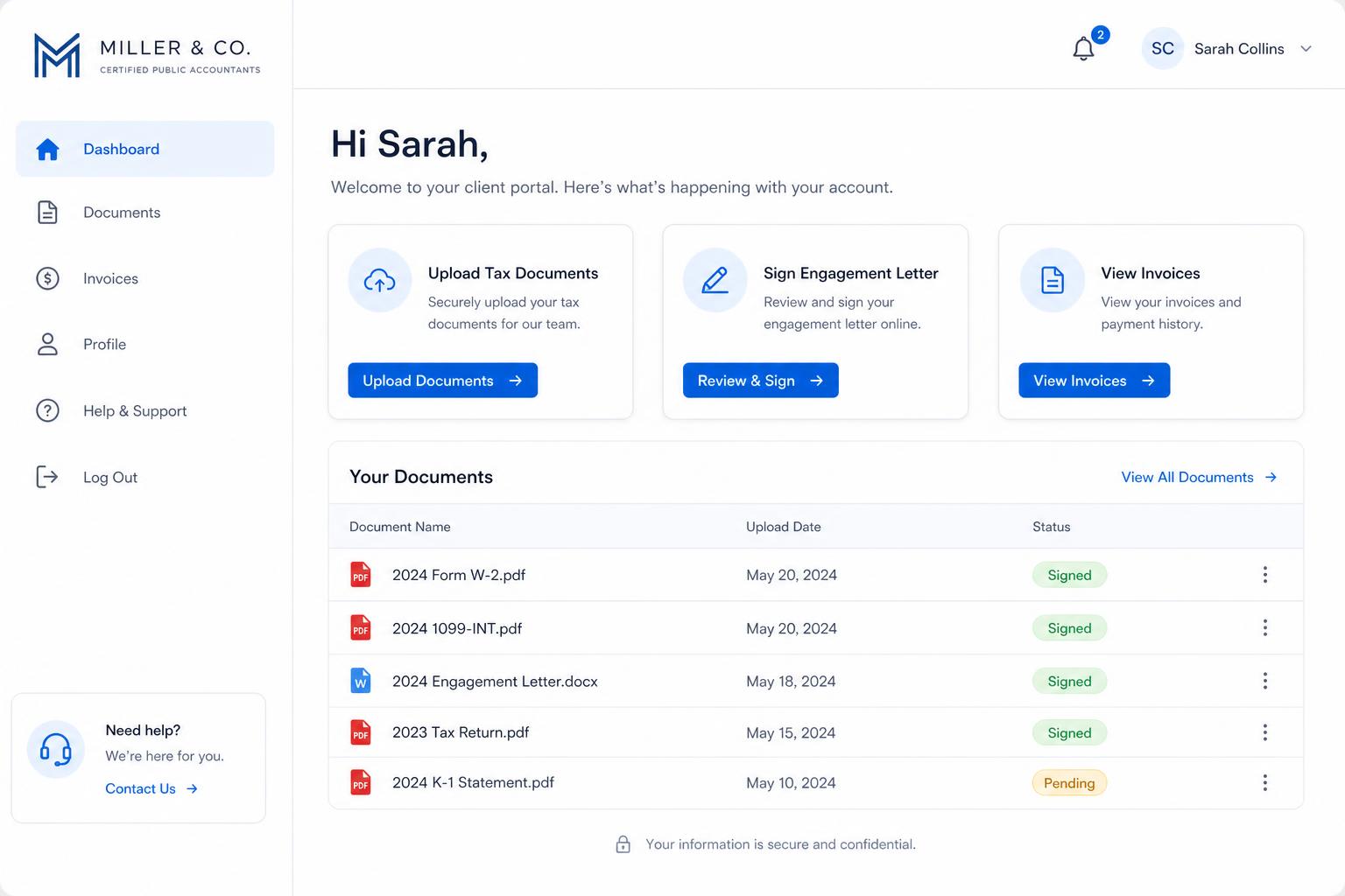 Branded client portal dashboard with upload and sign actions