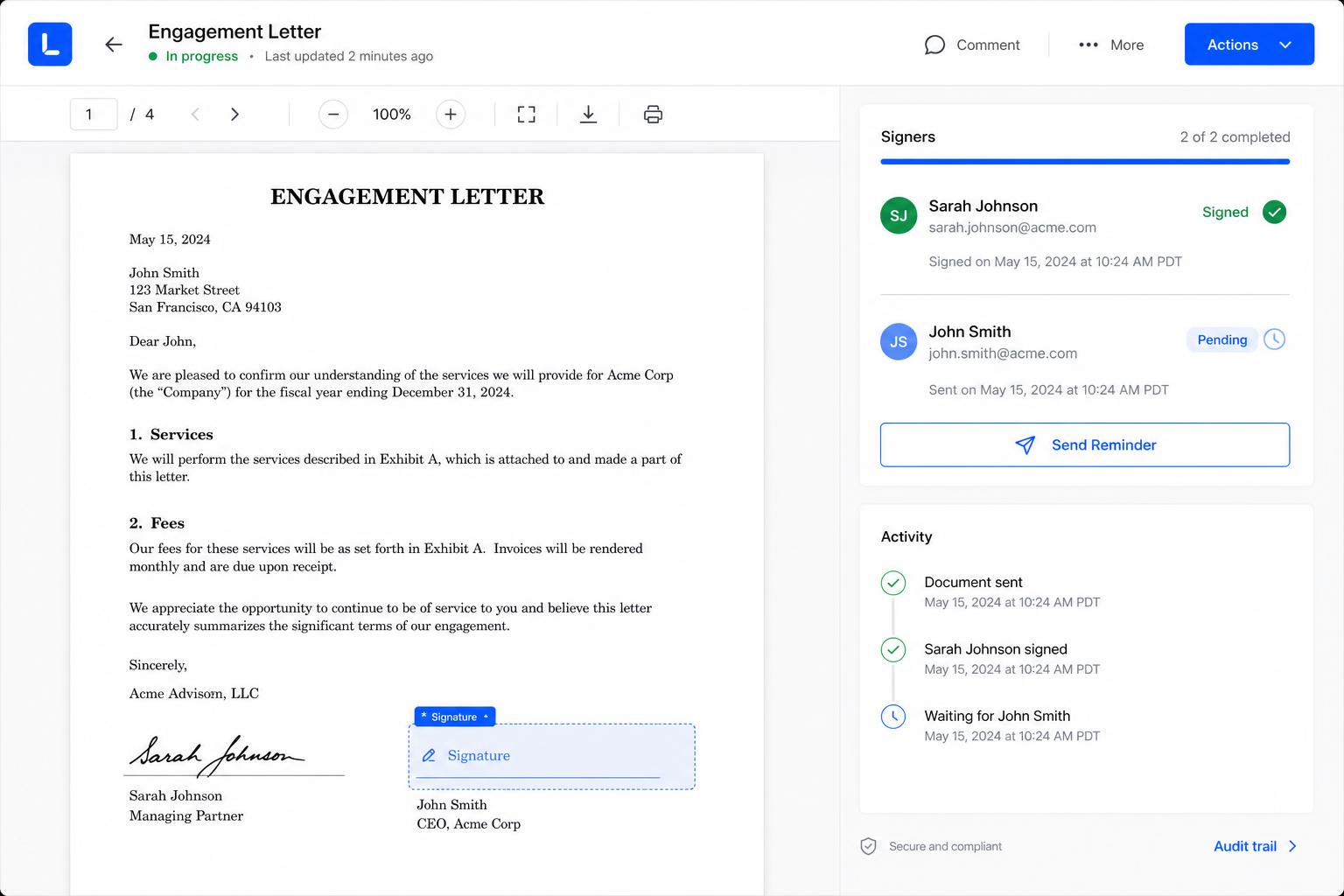 Engagement letter open with signer status panel