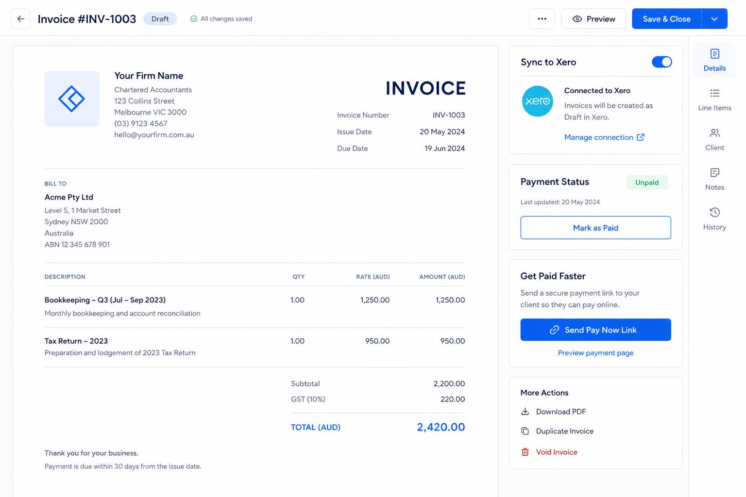 Invoice editor with Xero sync and payment options