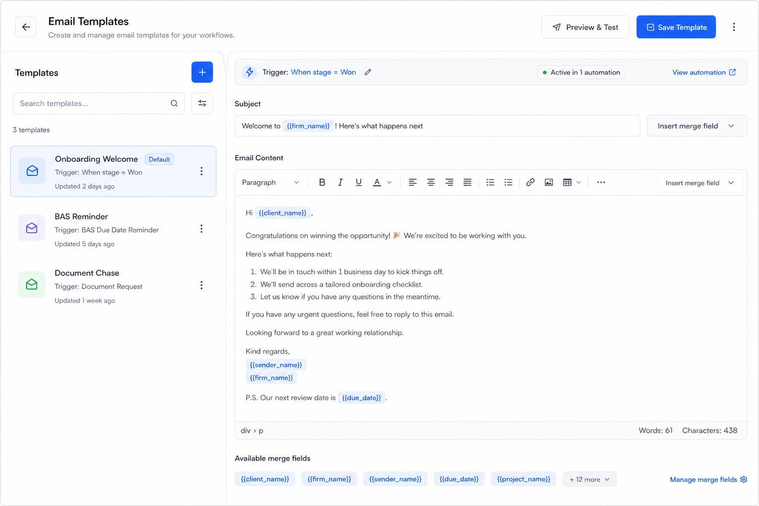 Email template editor with merge fields and automation trigger