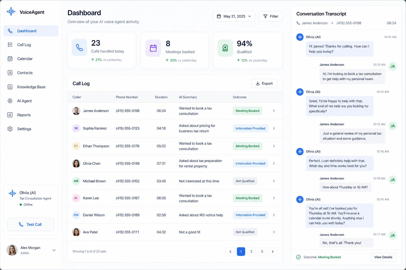AI voice agent dashboard with call log and live transcript
