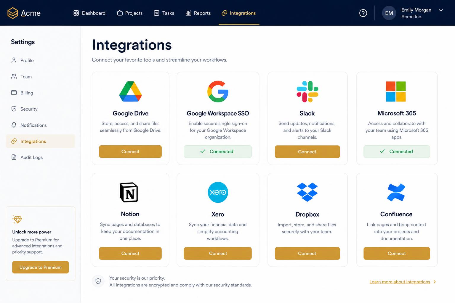 Integration cards grid showing Google Drive, Slack, Xero and SSO providers