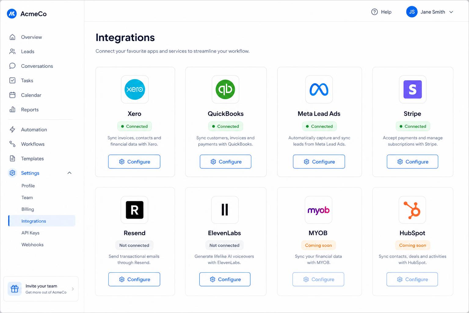 Integrations settings page with Xero, QuickBooks, Meta and more connected