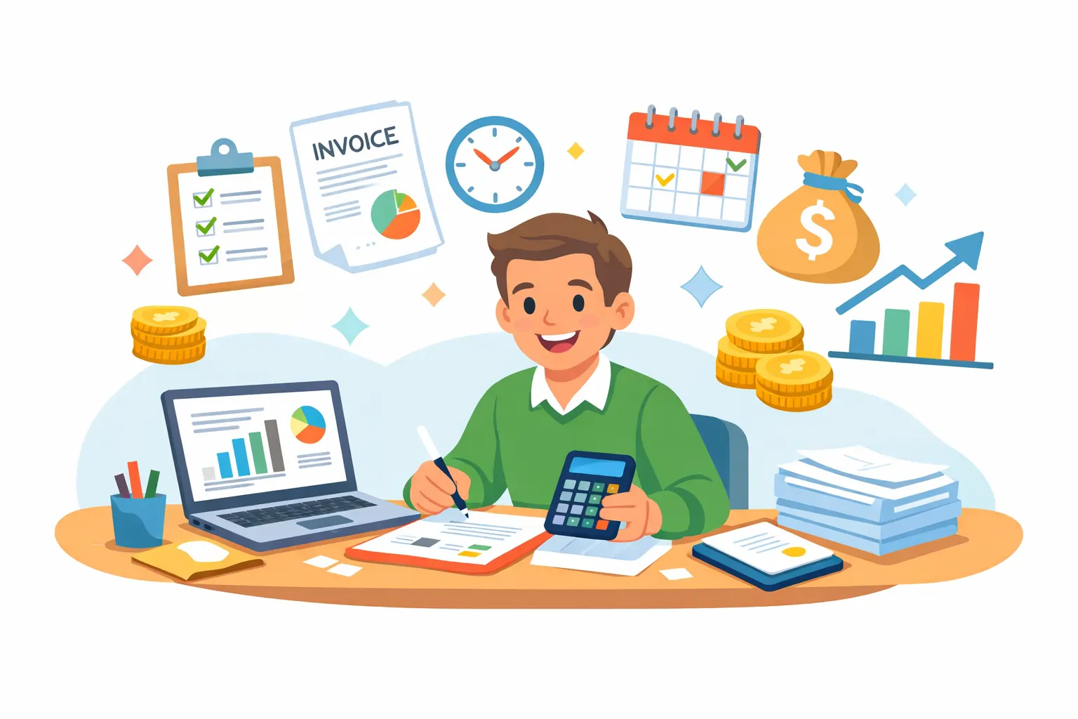 Accounting professional working with financial documents and calculator