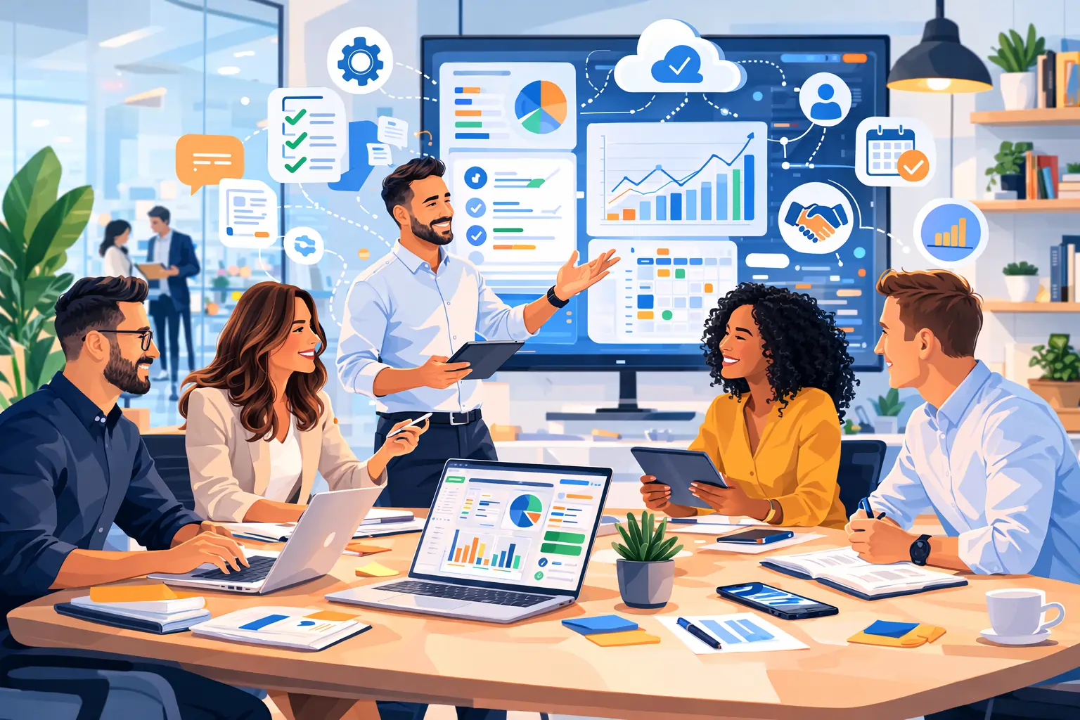 Professional team collaborating in a modern office meeting