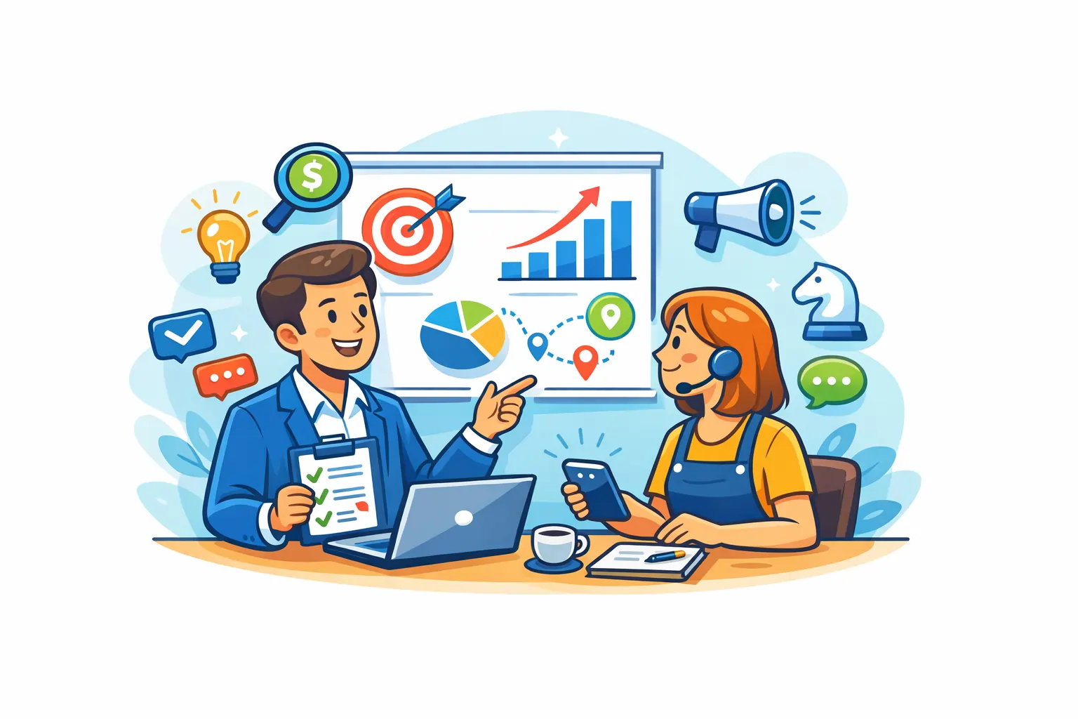 Business strategy planning session with charts and roadmap documents